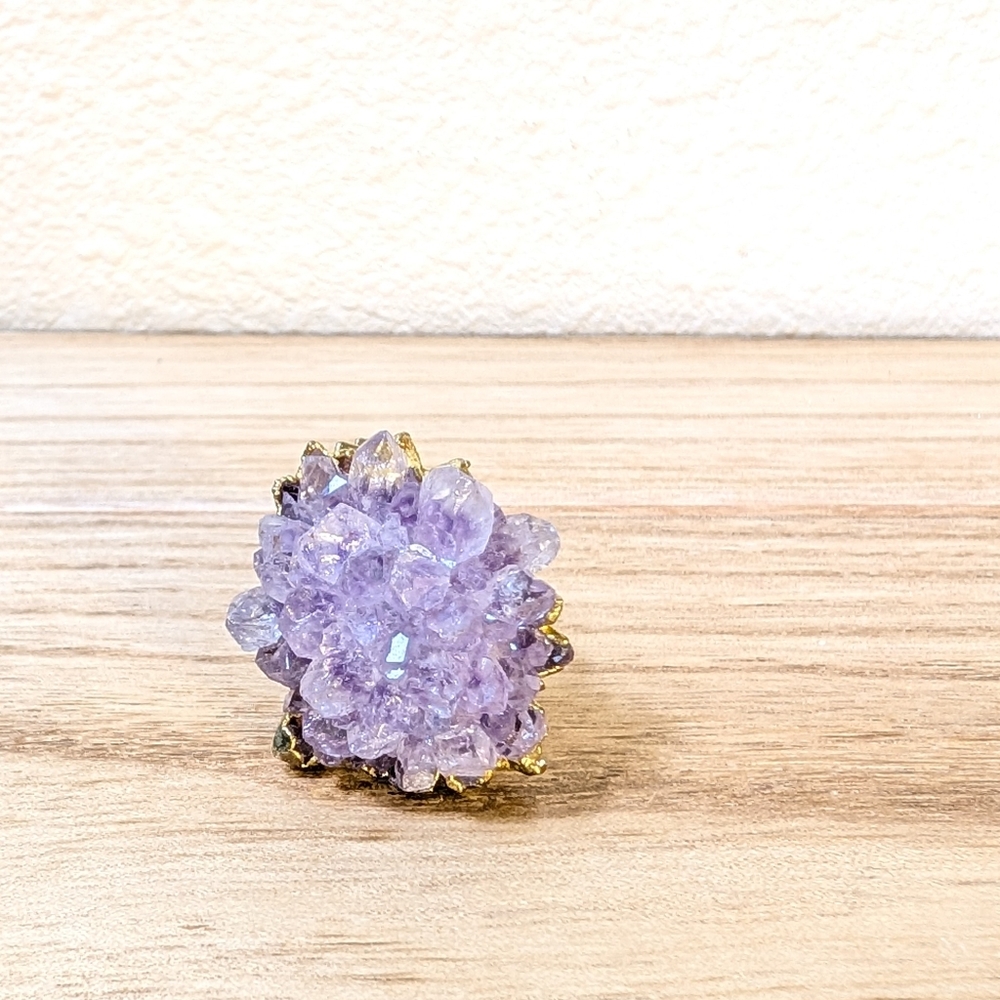 Gold Tone Raw Amethyst Cluster Statement Ring